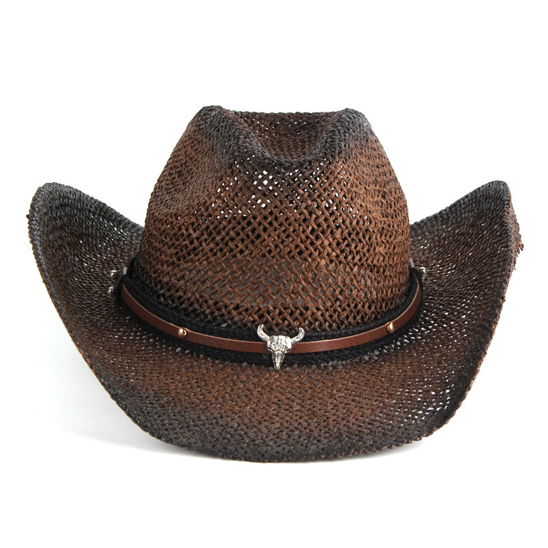 Cappello di paglia da cowboy occidentale estivo marrone scuro